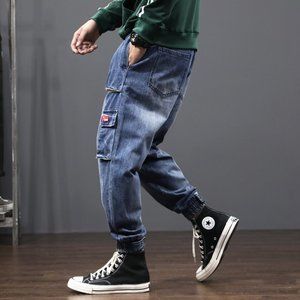 Men Jeans Loose Fit Multi Pockets Denim Cargo Pant